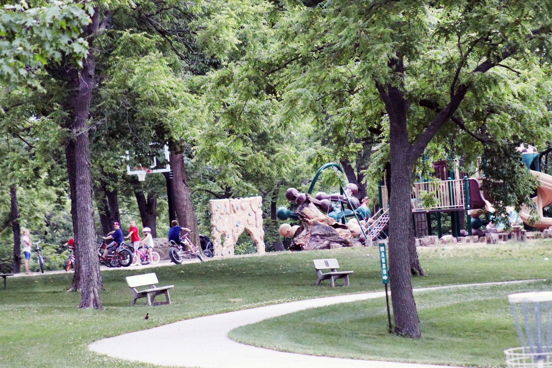 A park with a frisbee golf basket in the middle of it