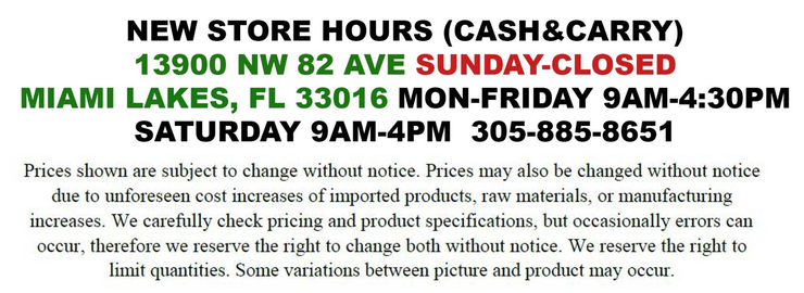 Store hours: Miami Lakes, FL, closed Sundays. Mon-Fri 9AM-4:30PM, Sat 9AM-4PM. Phone number: 305-885-8651.