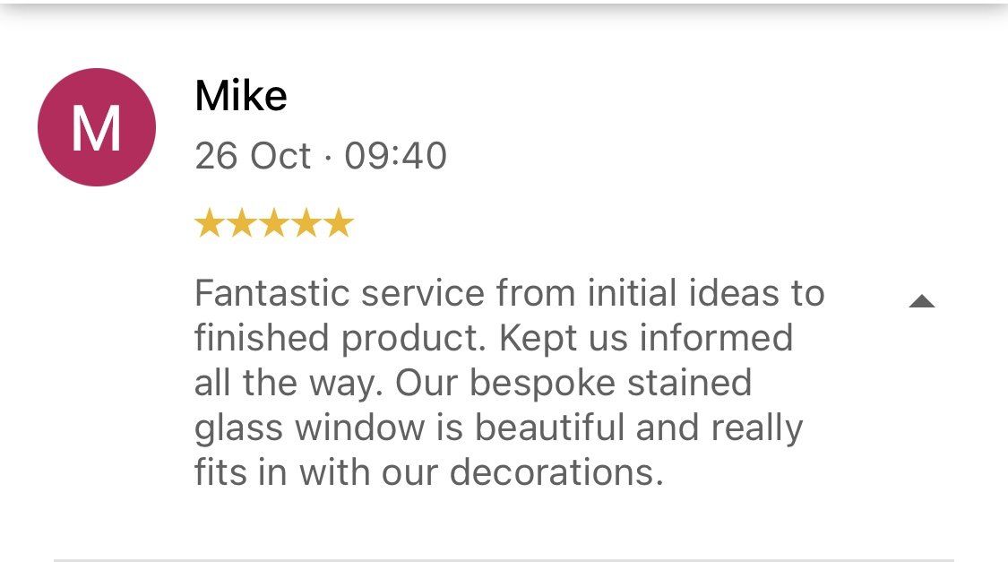 Customer review from Mike with 5 stars praising a beautiful bespoke stained glass window.