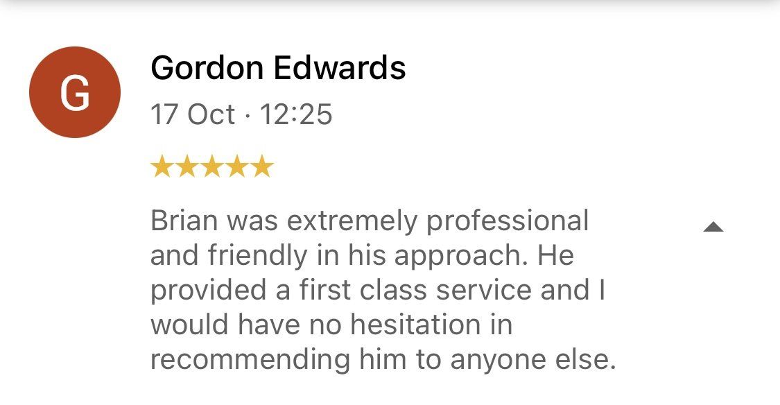 Review card for Gordon Edwards with 5-star rating and praise for professional, friendly service.