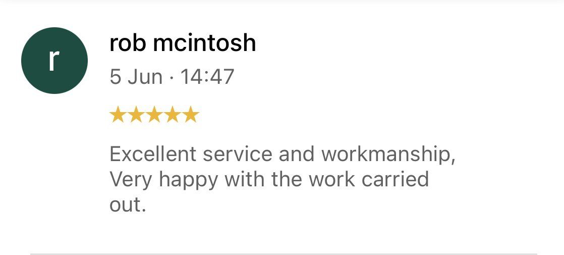 Review by rob mcintosh with 5 stars and text praising excellent service and workmanship.