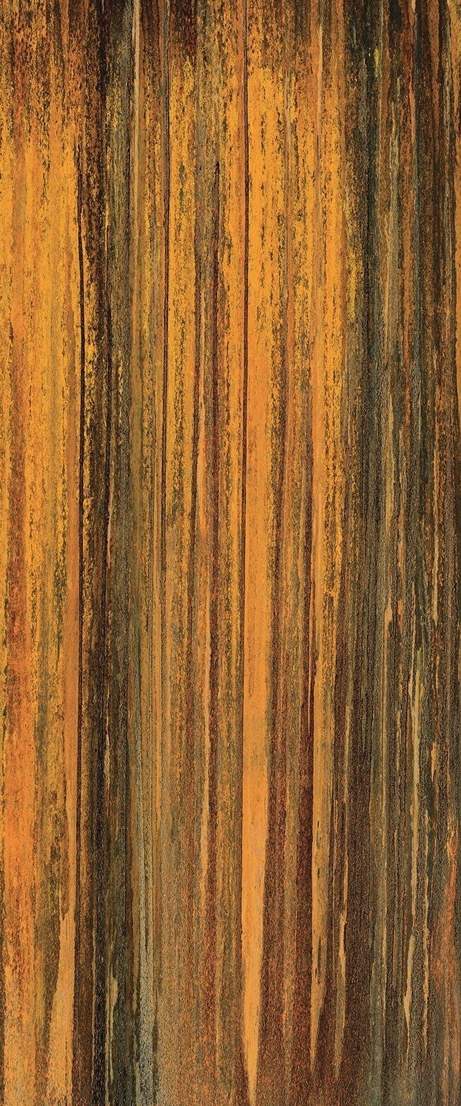 Abstract artwork with vertical lines in shades of orange, brown, and black, creating a textured, weathered effect.