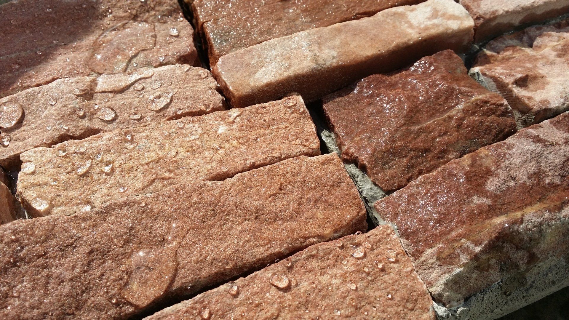 Close-up of wet, red-brown bricks with water droplets, possibly outdoors.
