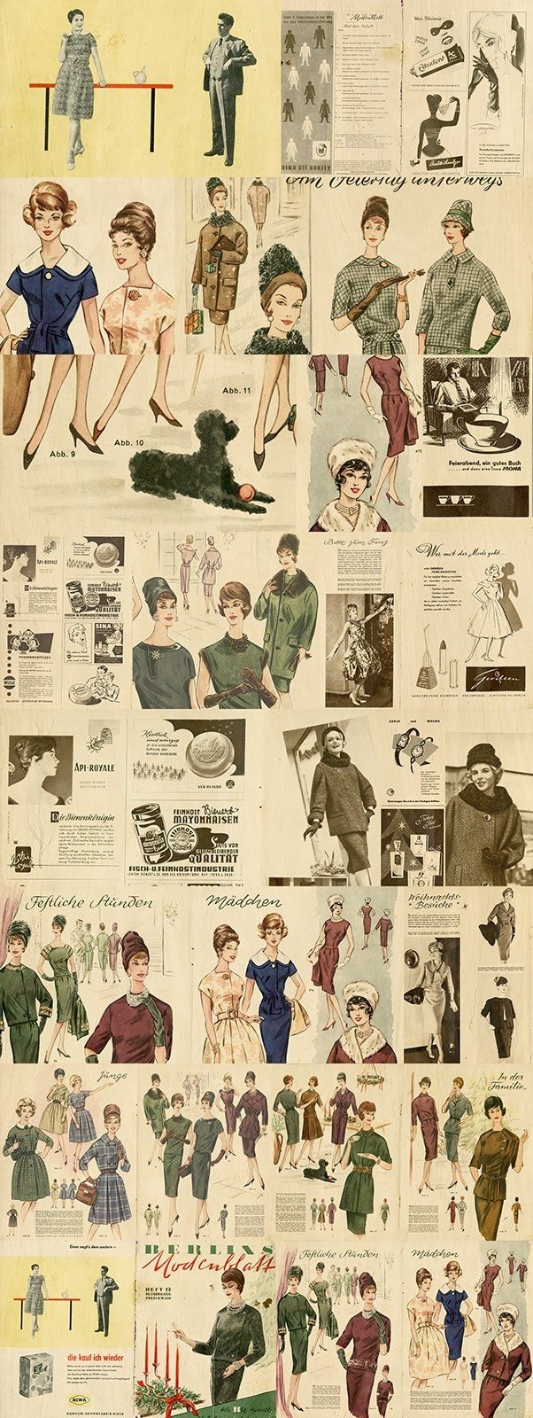 Collage of vintage fashion illustrations featuring women and men in various outfits.