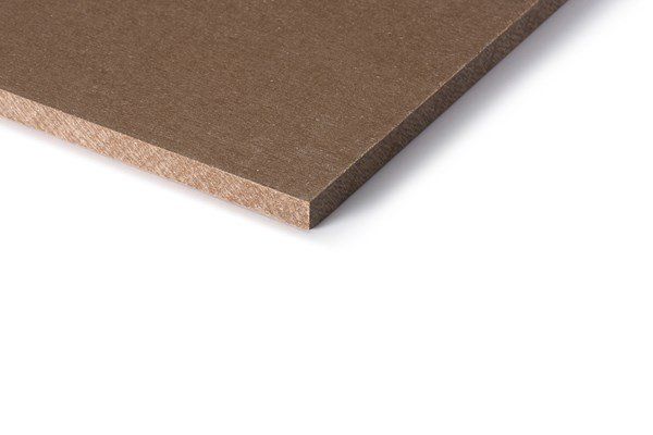 Brown rectangular piece of wood, tilted at an angle against a white background.