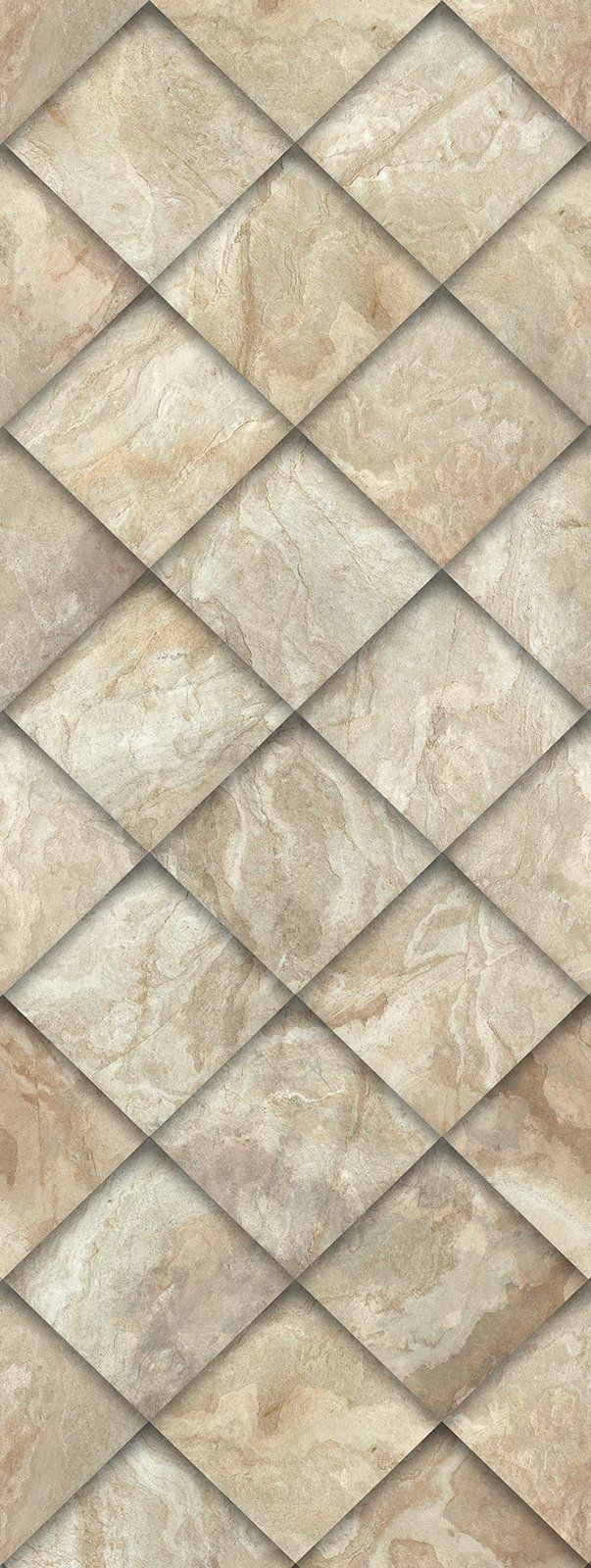 Vertical design of overlapping diamond-shaped tiles in a beige stone texture.