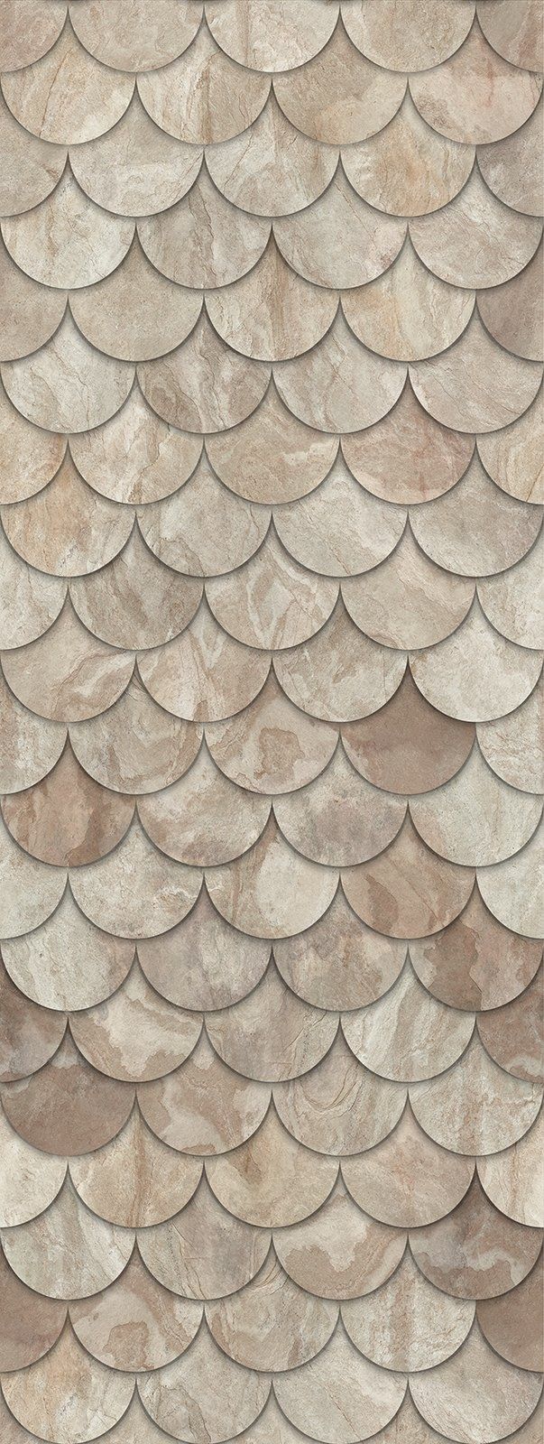 Beige and brown scallop-shaped tile pattern, with a textured surface.