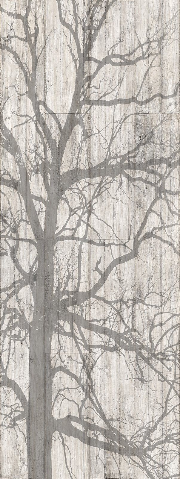 Silhouette of a tree against a textured, light background.