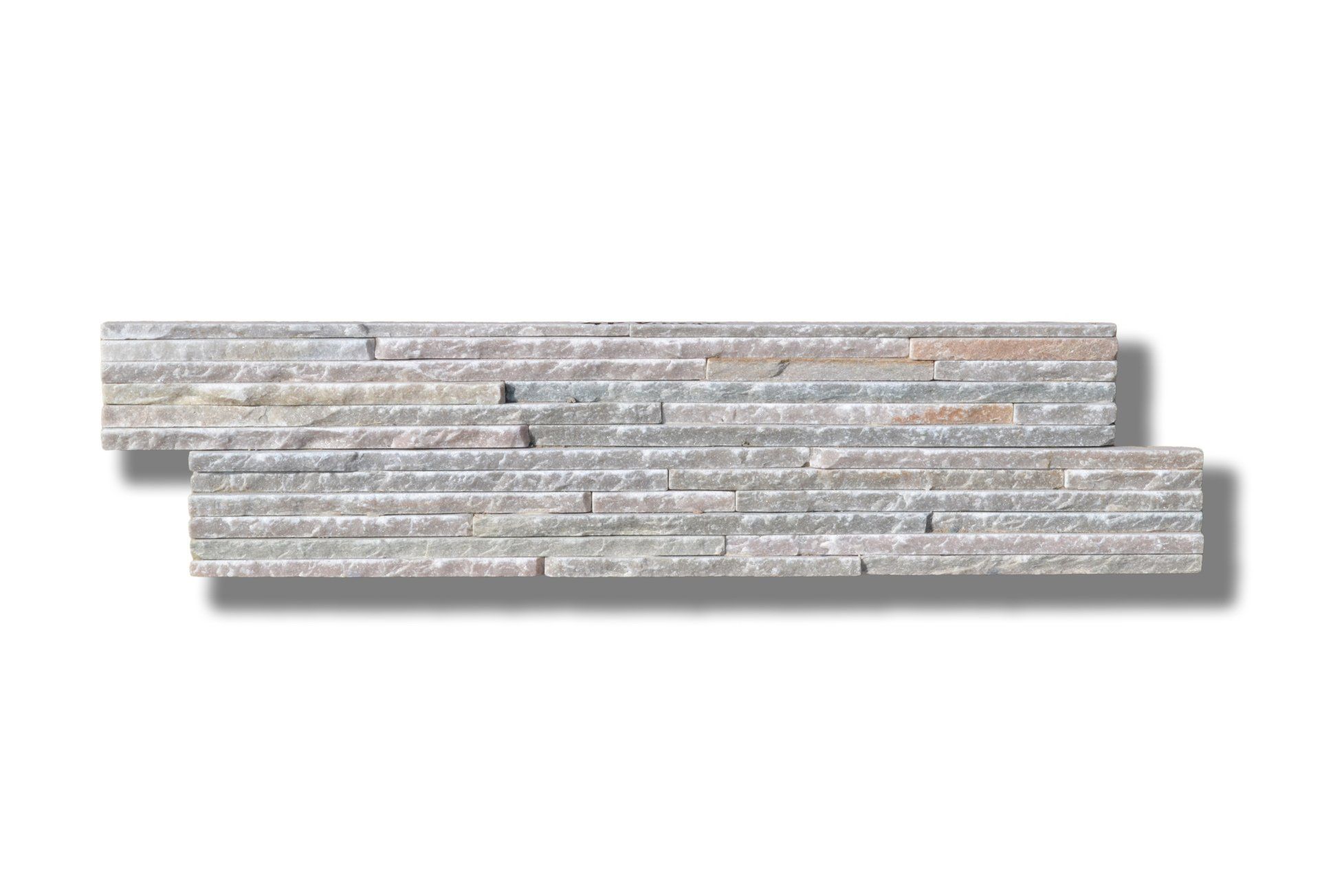 Stacked, rectangular stone tiles in shades of gray and tan.