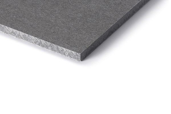 Gray rectangular building material, likely fiber cement or similar, with a textured surface and cut edge.