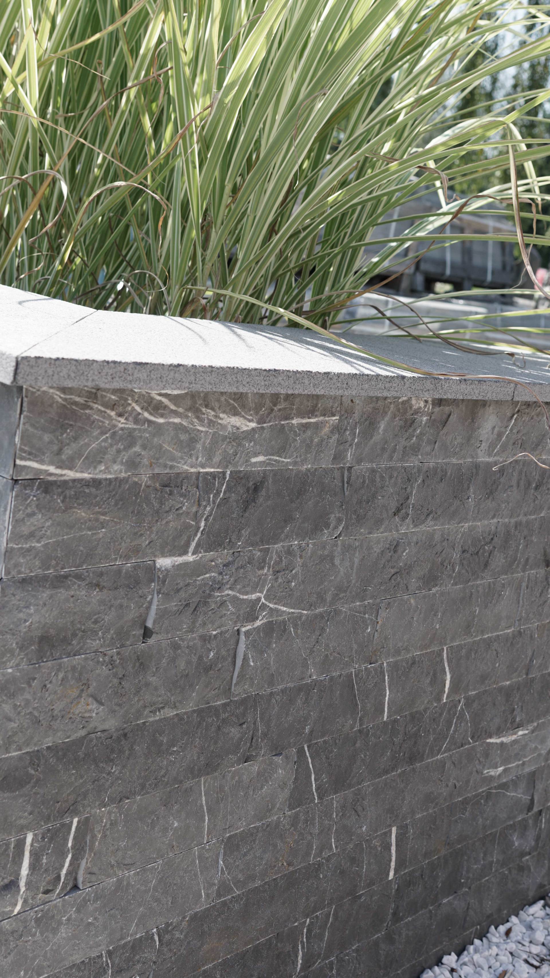 Dark gray stone wall with white-striped green grass in the background.