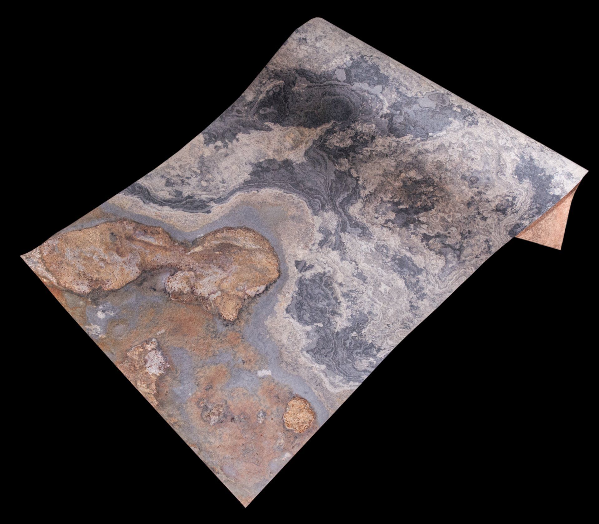 Roll of textured flooring with marbled appearance; shades of brown, gray, and black.