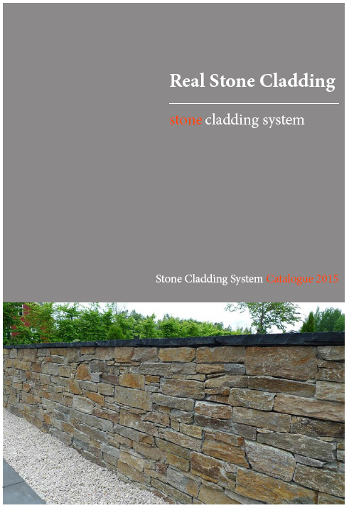 Real Stone Cladding catalog cover with a stone wall and the title 