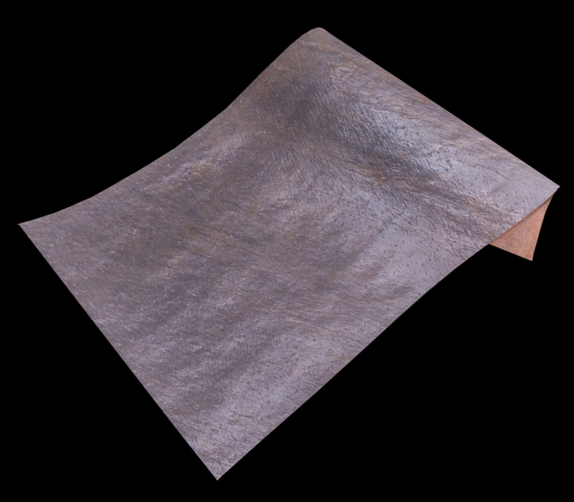 Metallic-looking, textured gray sheet of material, curled up at one corner to reveal a tan underside.