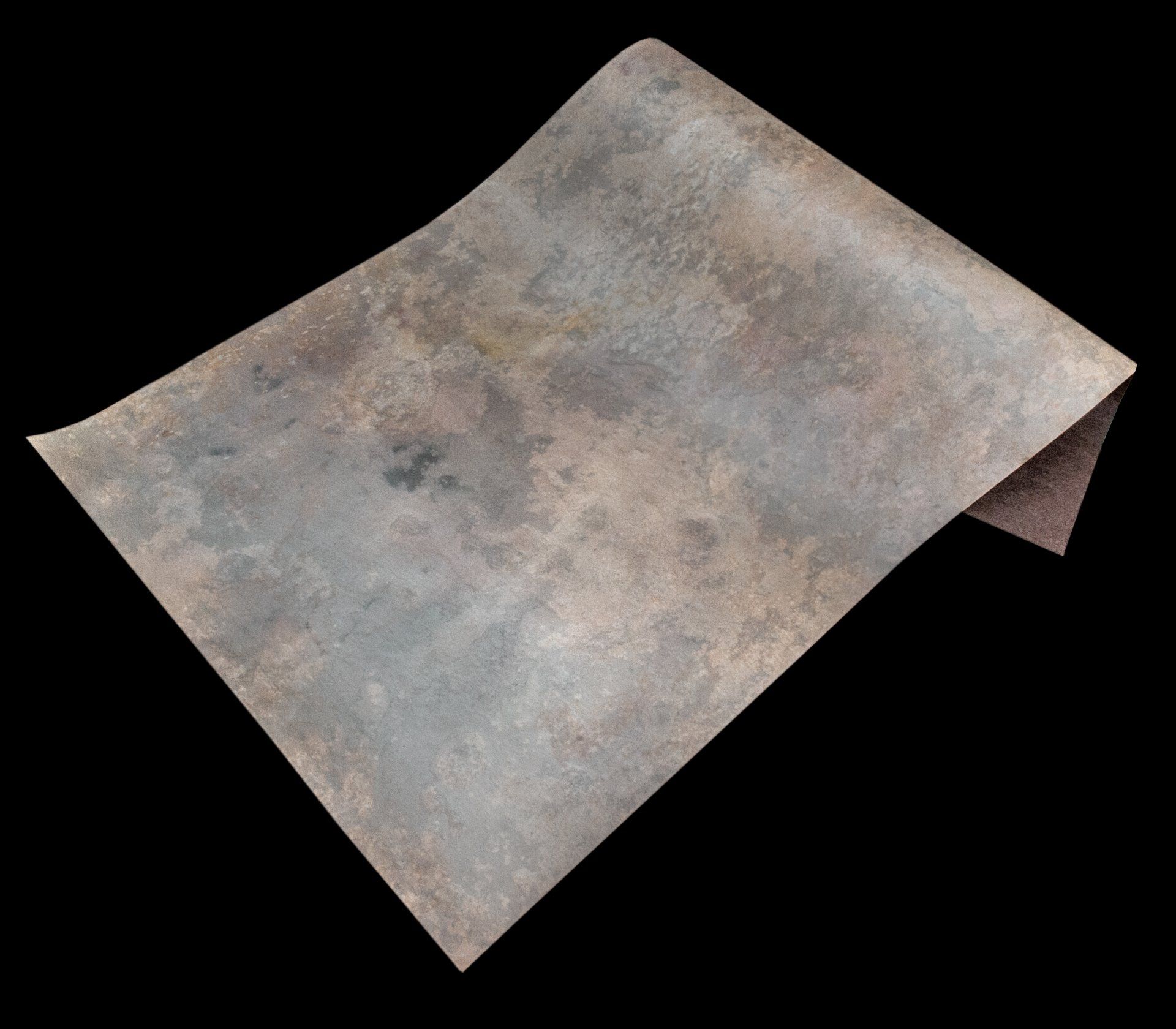 A sheet of rusty, textured metal, one corner folded over.