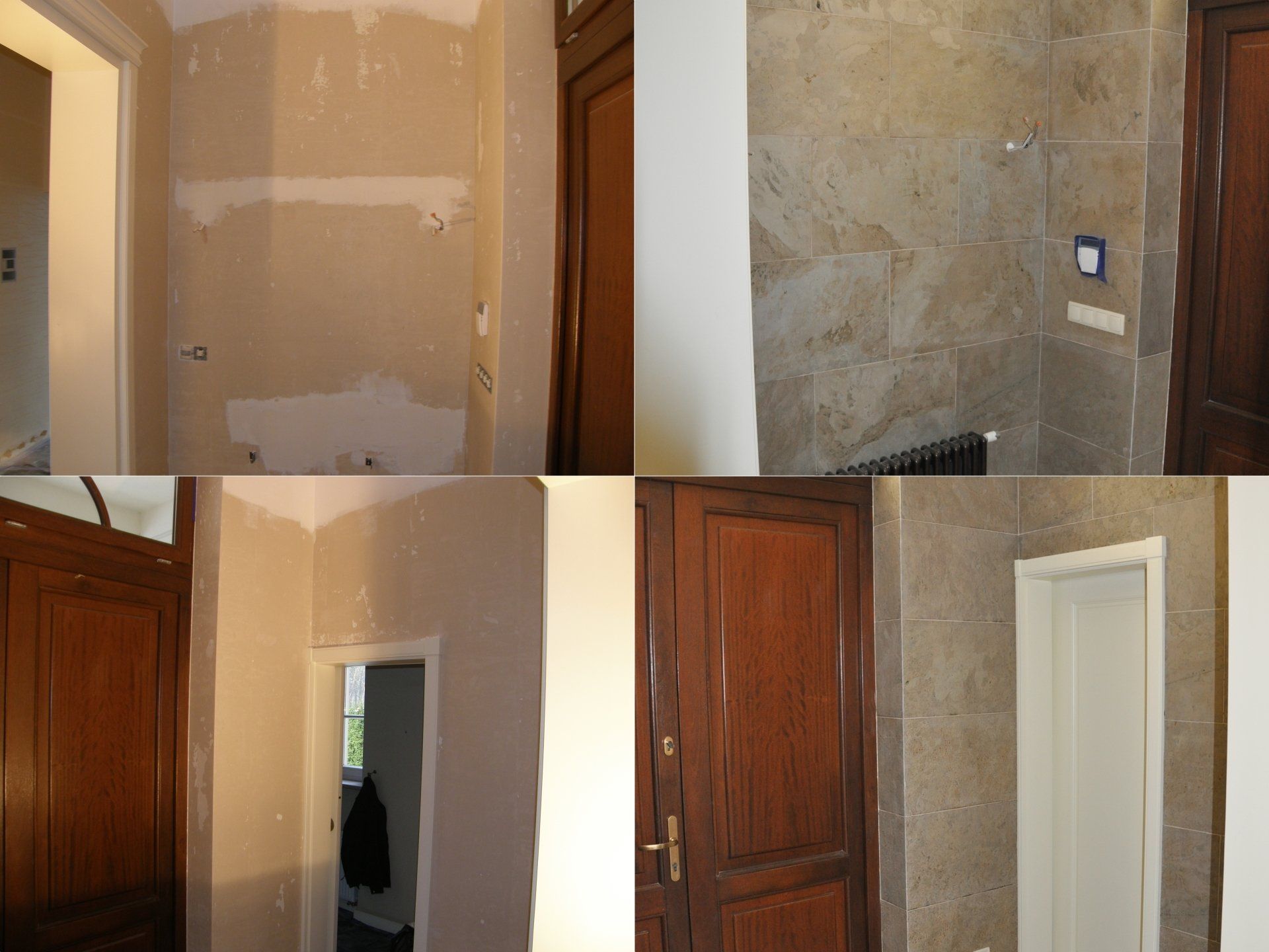 Four interior shots: partially renovated walls, tiled wall with radiator, and wooden doors with a doorway.