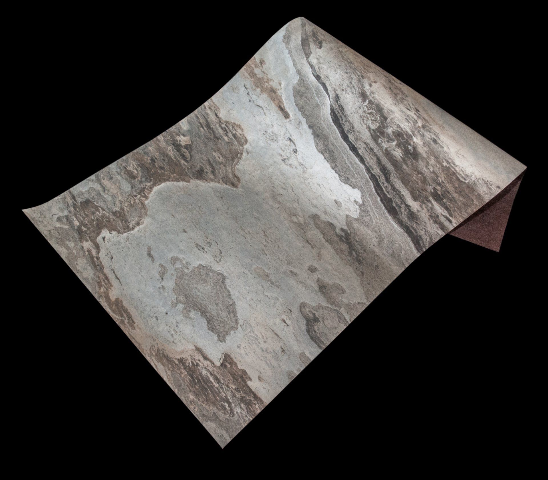 Sheet of flooring with a gray and brown stone pattern, curled at the edges.