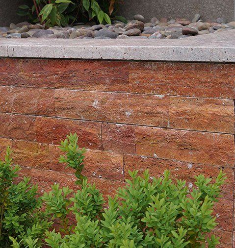 Reddish-brown brick wall with a concrete ledge holding small stones, and green plants in front.