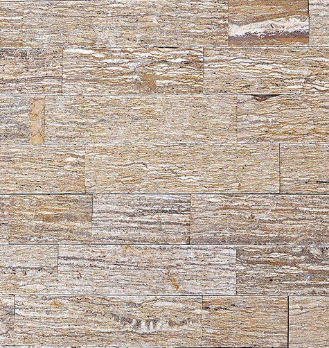Stone wall cladding in varying shades of beige, brown, and gray. Rectangular blocks arranged horizontally.