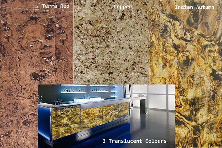 Three stone patterns: Terra Red, Copper, and Indian Autumn, and a modern kitchen with backlit Indian Autumn cabinets.