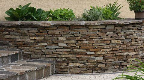 Stone retaining wall with plants in a bed on top; steps in front.