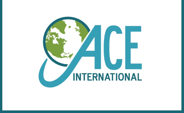 A logo for ace international with a globe in the middle