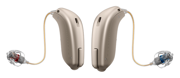 two grey hearing aids