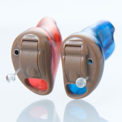 blue and red hearing aids