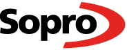 Das Logo von Sopro ist schwarz und rot mit einem roten Pfeil.