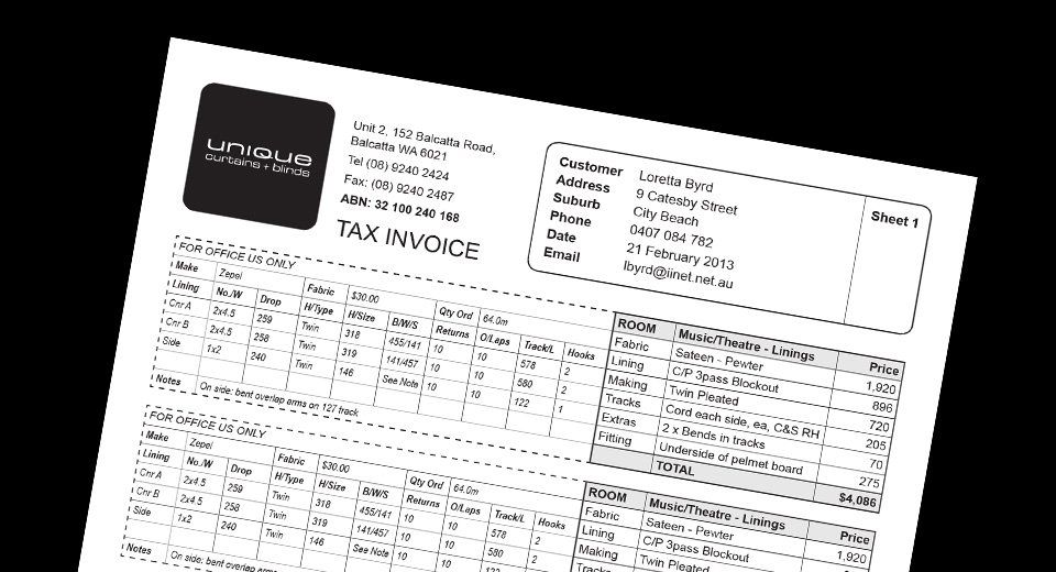 Unique Curtains invoice
