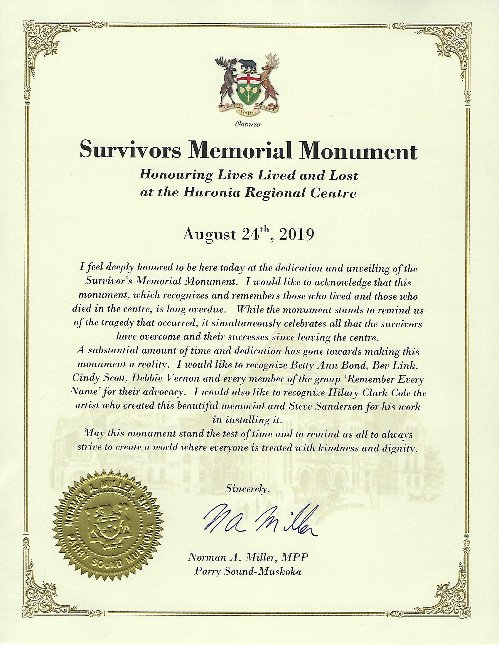 Tribute from Norm Miller, MPP Tribute from Norm Miller, MPP