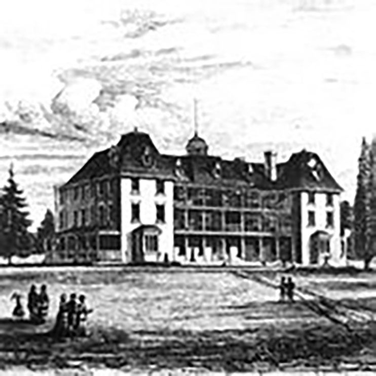 An artist’s depiction of the old hotel that became the Orillia Asylum. This image shows a three storey building with two wings. The portion of the building contains three verandas, one on top of the other. The uppermost two verandas are barred. People in Victorian clothing are walking on the institution grounds. Image from the Regional Centre Records. An artist’s depiction of the old hotel that became the Orillia Asylum. This image shows a three storey building with two wings. The portion of the building contains three verandas, one on top of the other. The uppermost two verandas are barred. People in Victorian clothing are walking on the institution grounds. Image from the Regional Centre Records.