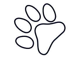 A black and white drawing of a paw print on a white background.