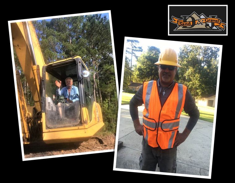 Man in yellow excavator and worker in safety vest. Construction site.
