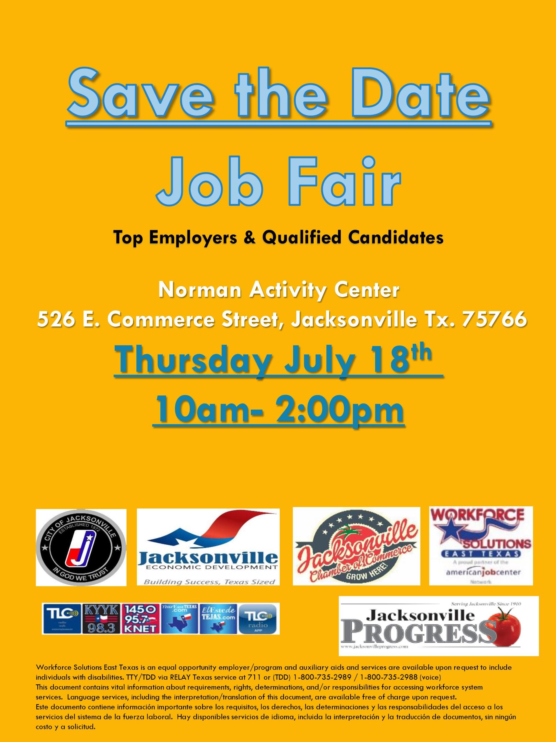 An advertisement for a job fair that takes place on july 18th