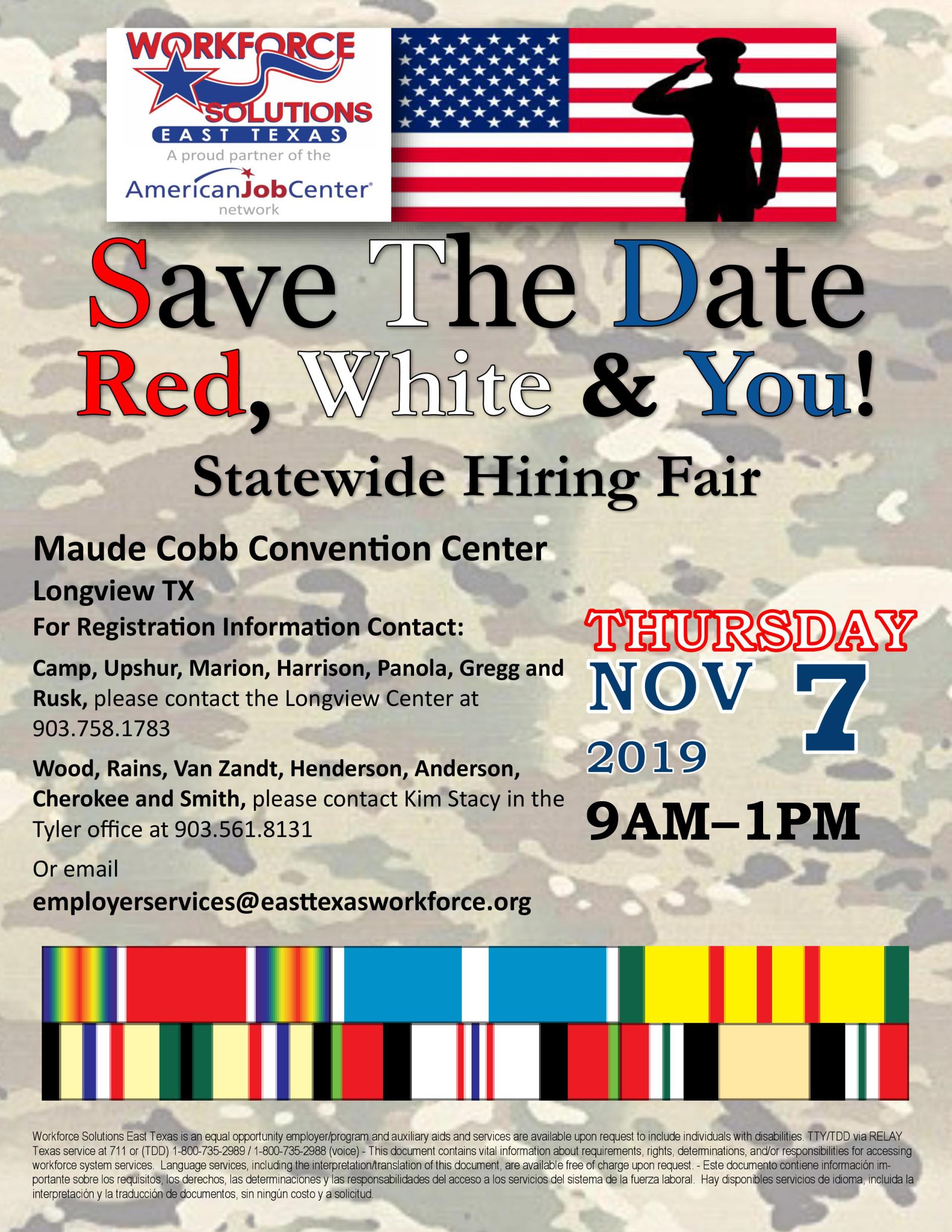 A poster for a save the date red white and you statewide hiring fair