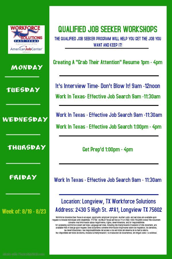 A green poster for qualified job seeker workshops on monday , tuesday , wednesday , thursday and friday.