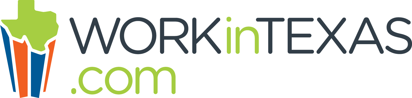 A logo for work in texas.com with a texas flag