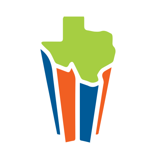 A colorful logo with a map of texas on it