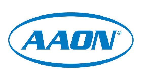 The aaon logo is a blue oval on a white background