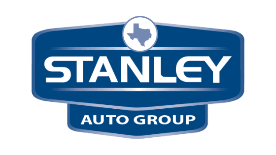 The stanley auto group logo is blue and white.