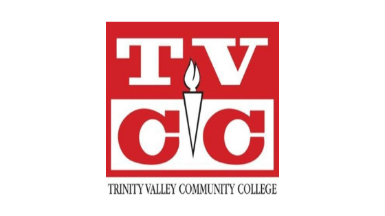 A red and white logo for trinity valley community college