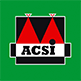 ACSI-logo op een groene achtergrond met een rood, zwart en wit driehoekig embleem.