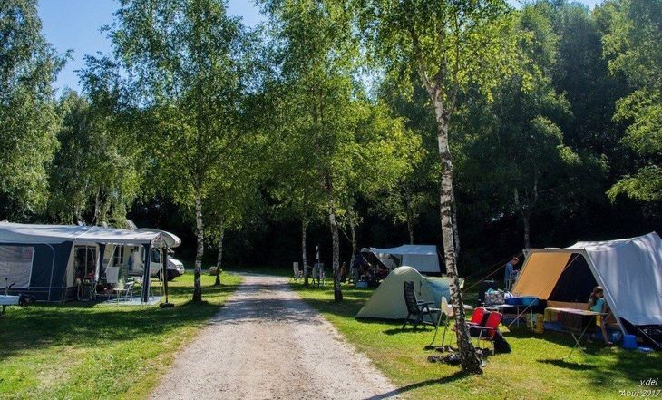 Grindkampeerplaats met tenten, caravans en bomen in de felle zon.