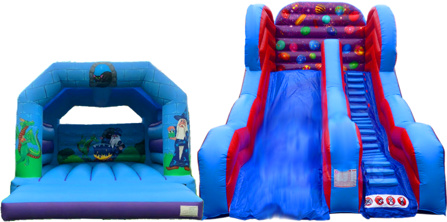 Blue and red bouncy castle and inflatable slide package for hire in shefford