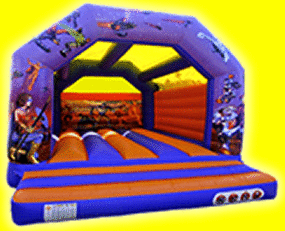 Action heros bouncy castle Action Heros themed bouncy castle in blue and orange