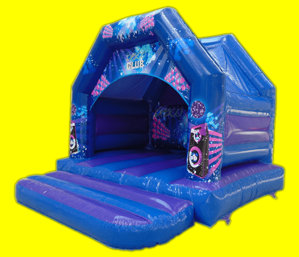 Disco Club Bouncy Castle Blue and purple Bouncy castle with disco theming and the choice of having a real disco with music and lights inside