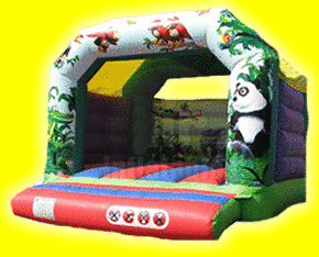 Jungle Bouncy Castle (also available with interactive play system) 12ft wide bouncy castle in green, red and blue with some great jungle animal themed artwork. Featuring a Panda, Crocodile