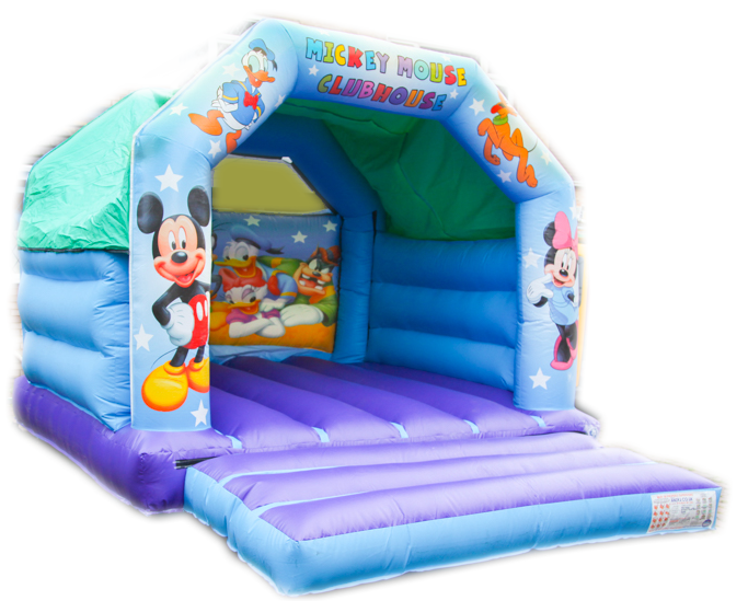 Standard bouncy castles for hire in Stevenage. A popular choice in Blue and purple and a mickey mouse theme