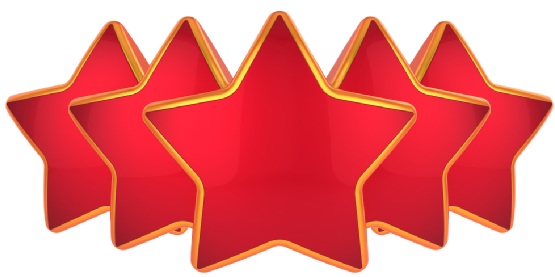 Five red stars with gold trim, arranged in a row.